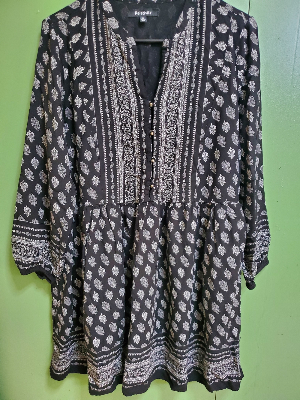 Relativity Black & White Printed Peasant Tunic Dress